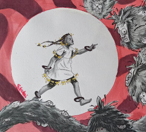 Etrafı canavalarla çevrili bir kız çocuğun özgüvenli duruşunu sergileyen bir illüstrastrasyon