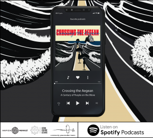 Crossing the Aegean podcast cover and mock-up image with an iPhone showing the trailer episode on Spotify.
